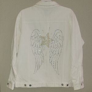 NWT Quacker Factory ANGEL WINGS White Denim Jacket Rhinestone Accents Sz M